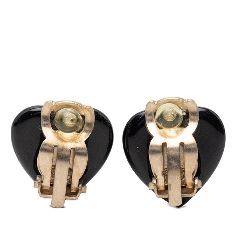 Chanel CC Logo Heart Motif Earrings Gold Beige Black Plated Faux Pearl — view 2