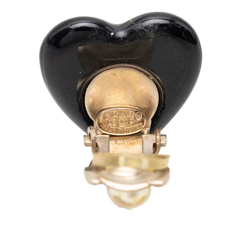 Chanel CC Logo Heart Motif Earrings Gold Beige Black Plated Faux Pearl — view 3