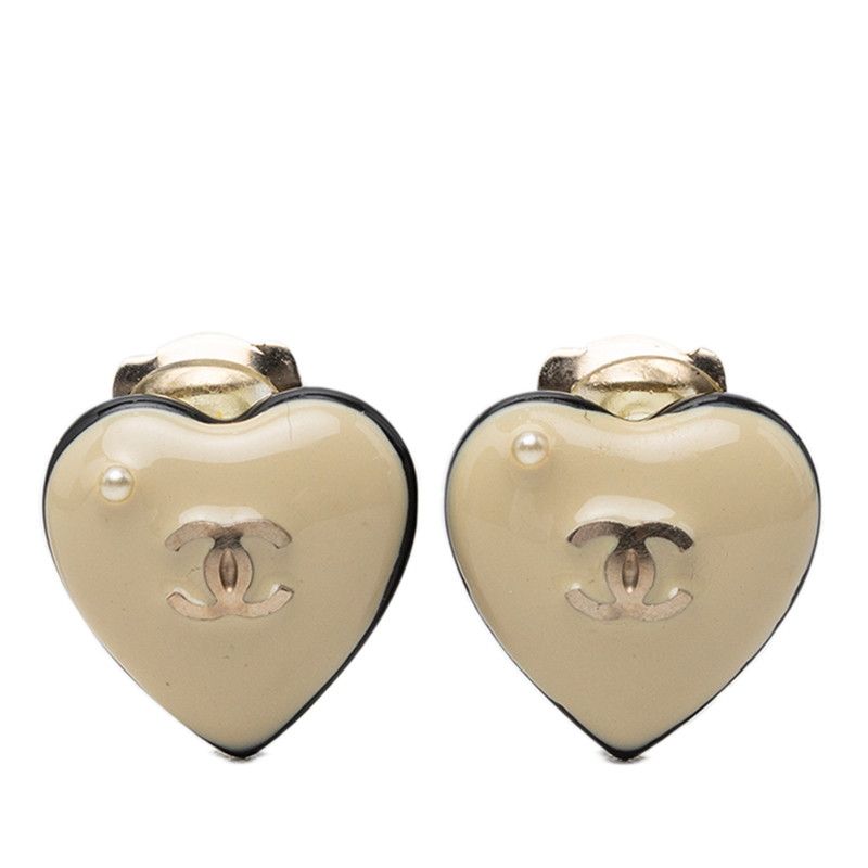 Chanel CC Logo Heart Motif Earrings Gold Beige Black Plated Faux Pearl