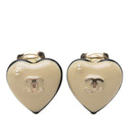 Chanel CC Logo Heart Motif Earrings Gold Beige Black Plated Faux Pearl