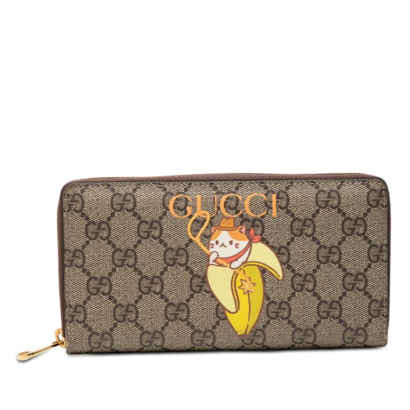 Gucci GG Supreme Bananya Print Zippy Wallet Brown Yellow Leather