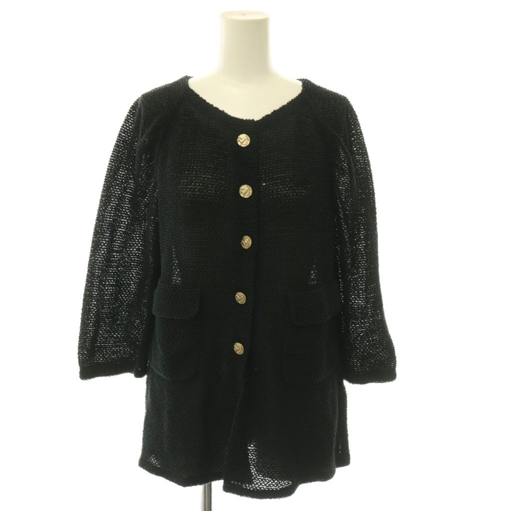 Chanel 18c Hose Button Tweed Cardigan 3/4 Sleeve 38 Black