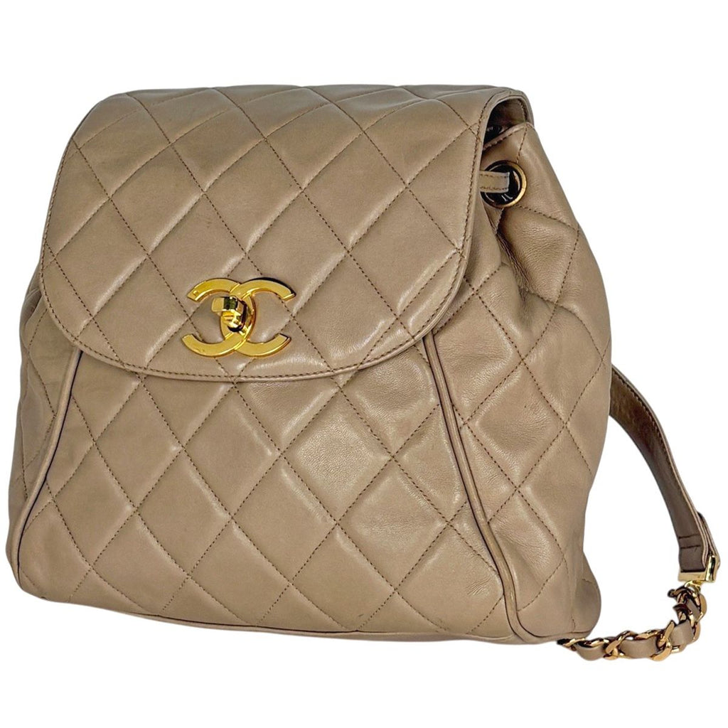 Chanel Backpack Quilted CC Logo Leather Beige