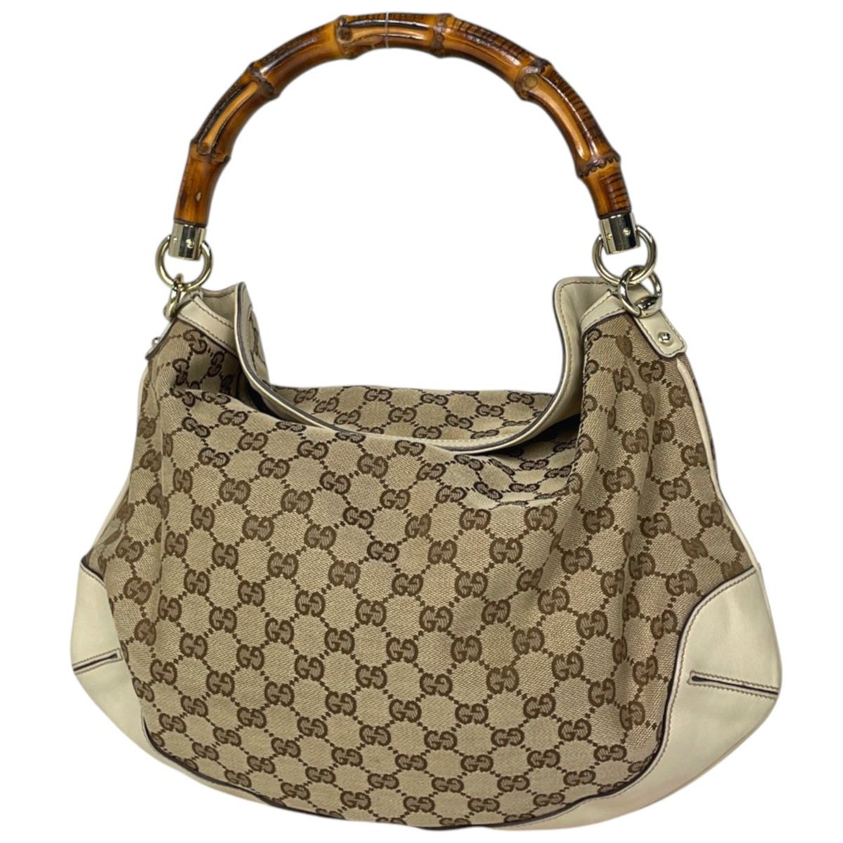 Gucci Shoulder Bag GG Pattern Bamboo Canvas Beige White