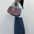 Celine C Macadam Buckle Tote Bag Canvas Leather Bordeaux Brown Gold Vintage