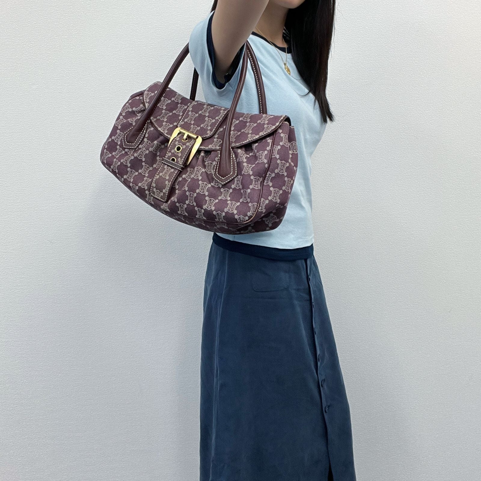 Celine C Macadam Buckle Tote Bag Canvas Leather Bordeaux Brown Gold Vintage