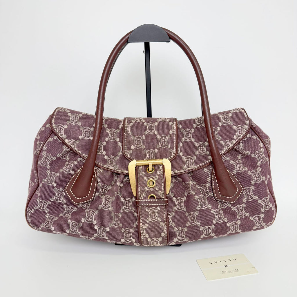 Celine C Macadam Buckle Tote Bag Canvas Leather Bordeaux Brown Gold Vintage — view 2