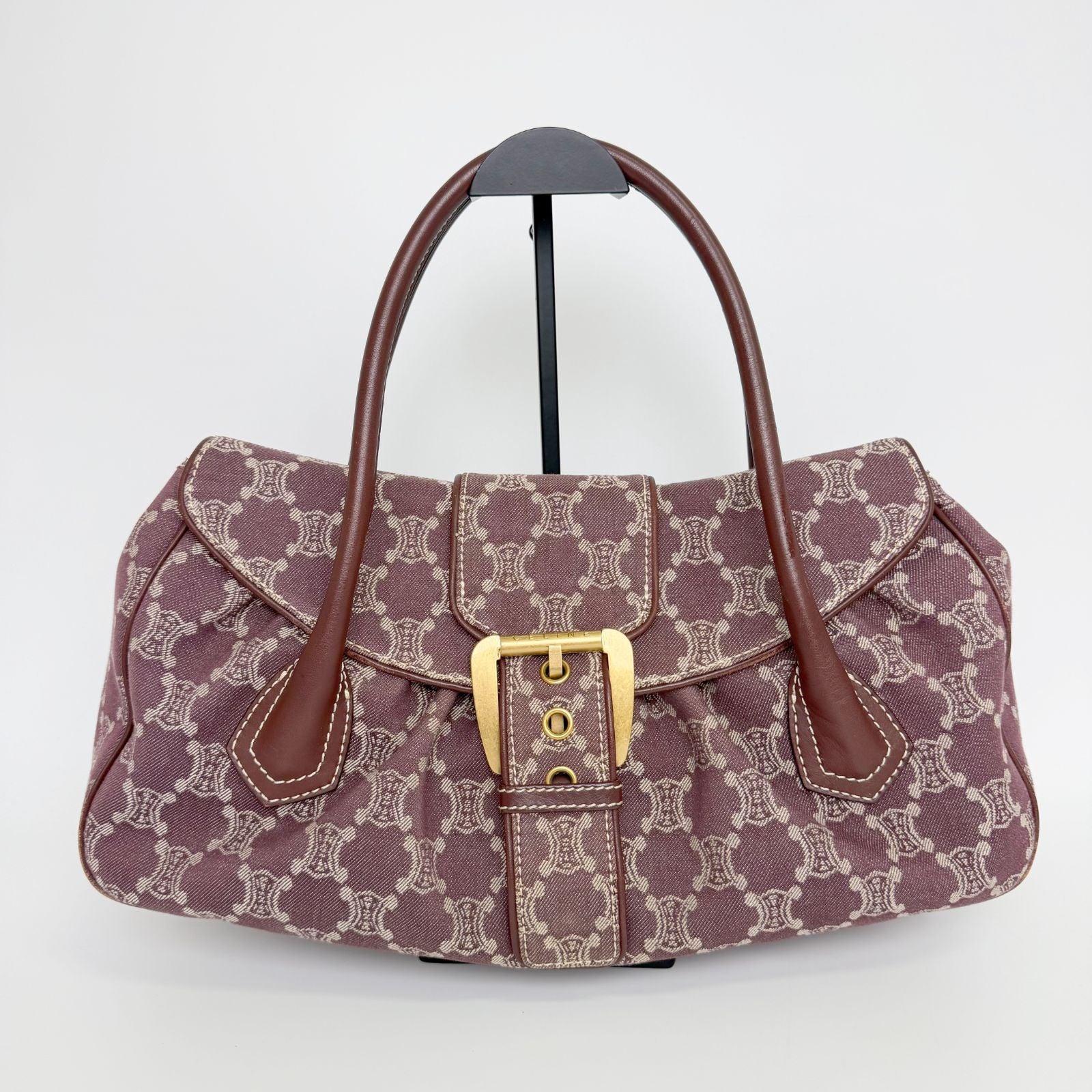 Celine C Macadam Buckle Tote Bag Canvas Leather Bordeaux Brown Gold Vintage — view 3