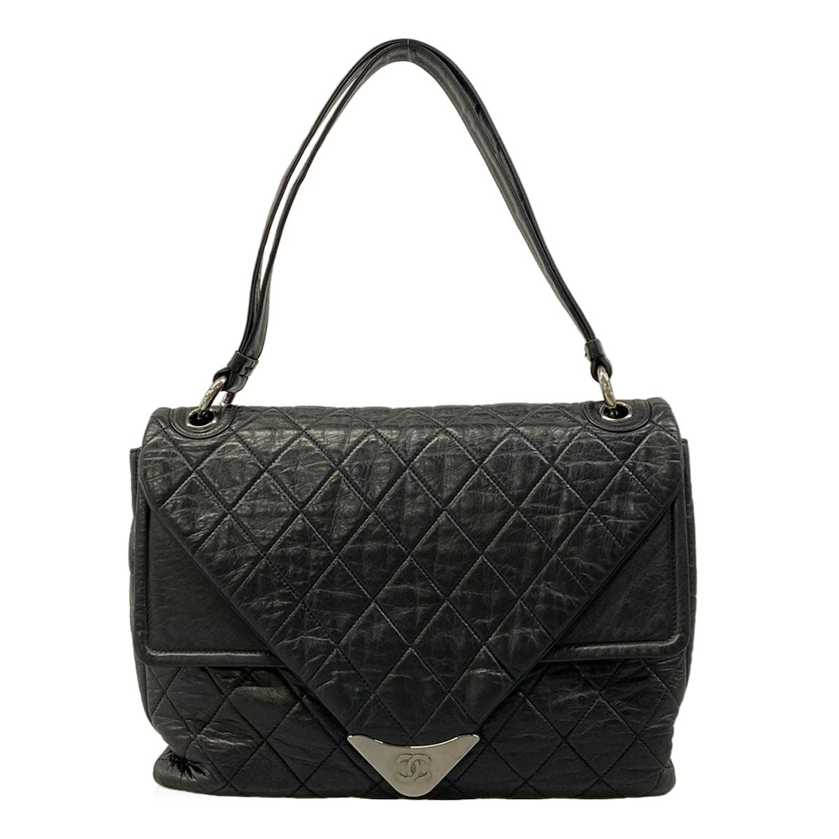 Chanel Shoulder Bag Quilted Black Silver Double Flap Leather