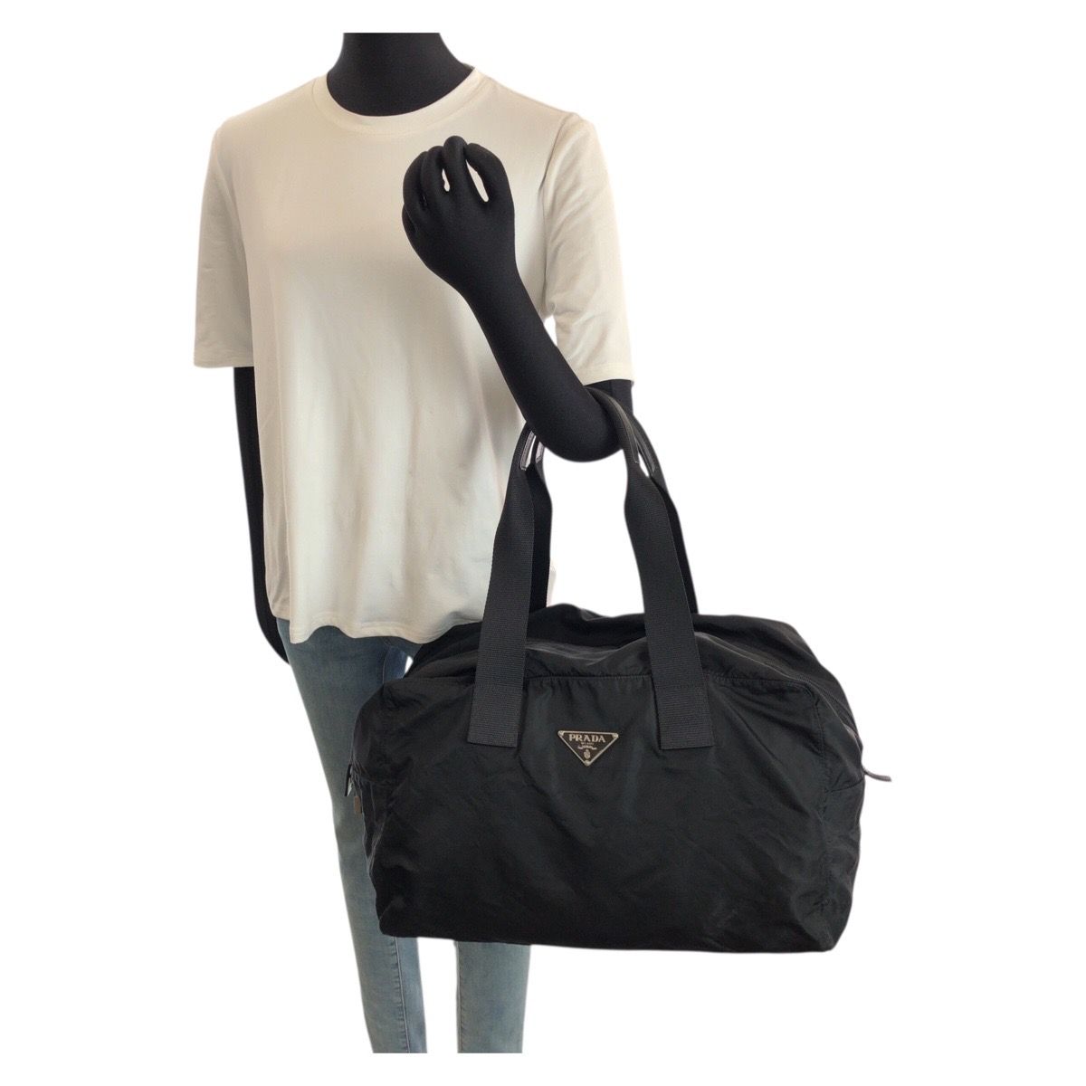 Prada Tessuto Black Silver Nylon Boston Bag — view 7