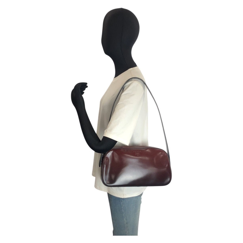 Prada Wine Red Black Patent Leather Shoulder Bag — view 7