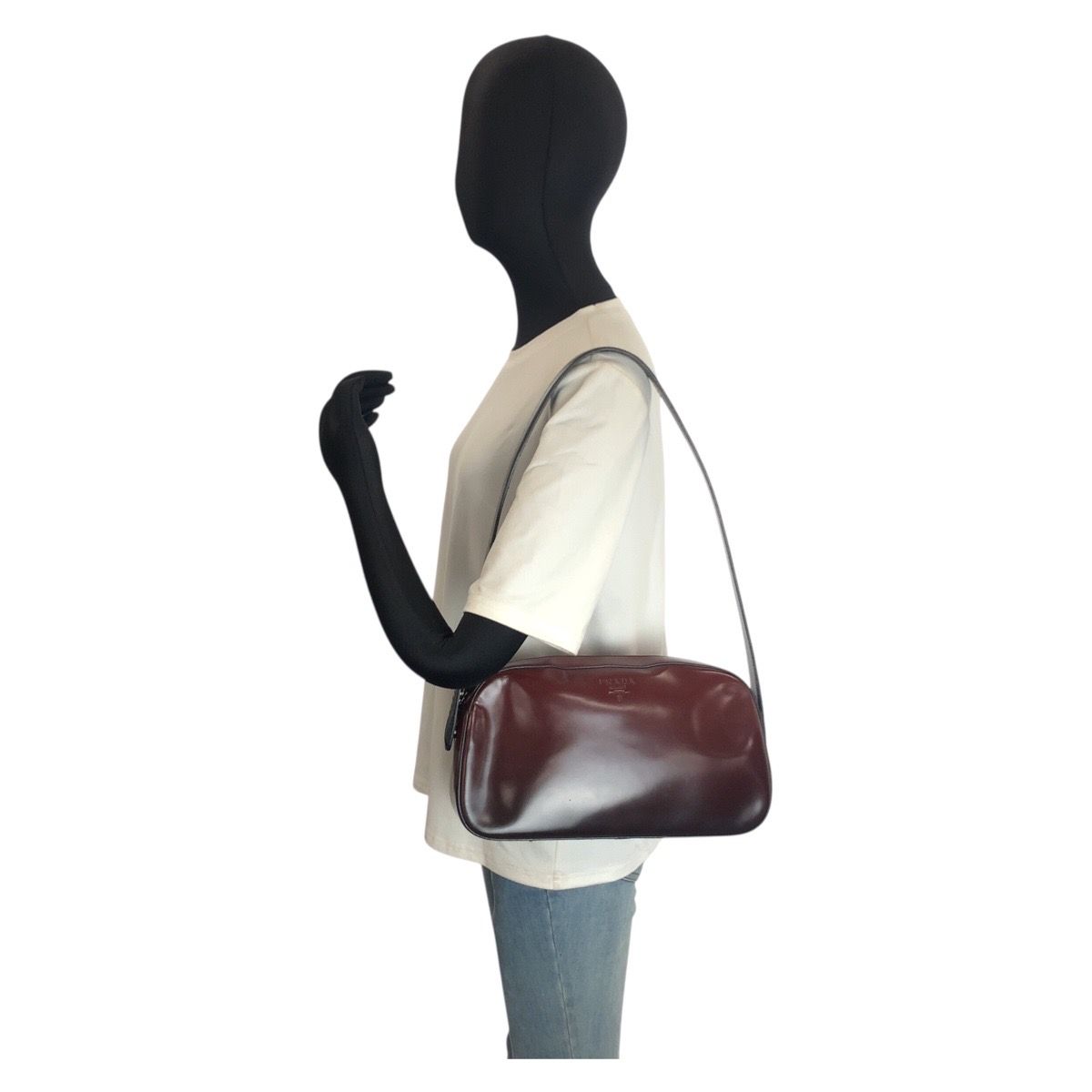Prada Wine Red Black Patent Leather Shoulder Bag — view 7