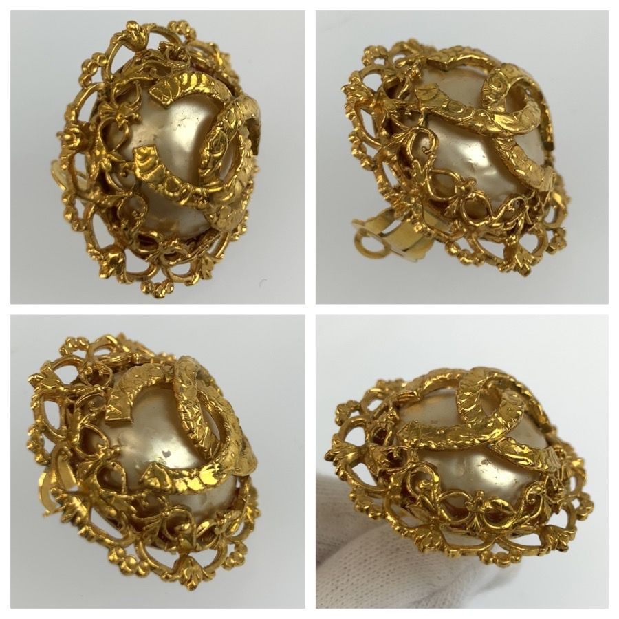 Chanel Vintage CC Logo Gold Plated Faux Pearl Earrings — view 6