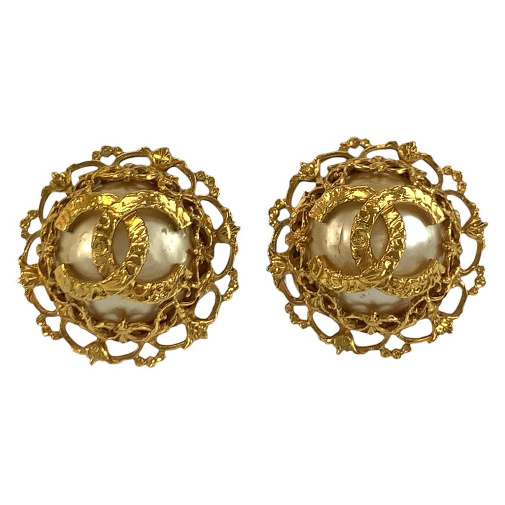 Chanel Vintage CC Logo Gold Plated Faux Pearl Earrings