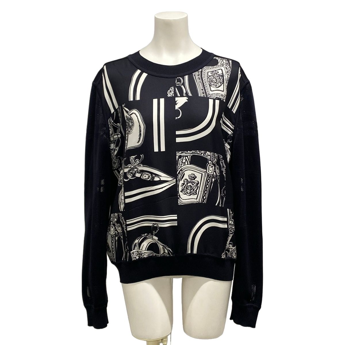 Hermes Long Sleeve Top 42 L Dark Navy White Crew Neck Twill Lace Order Finesse