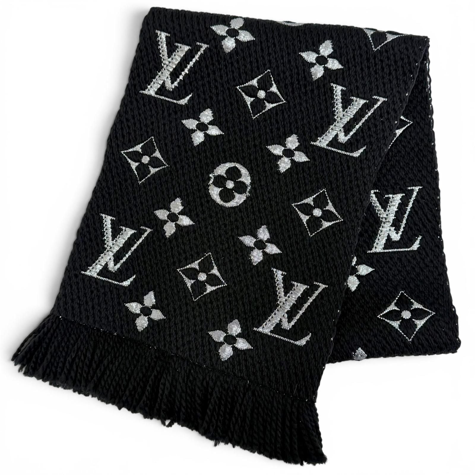 Louis Vuitton Echarpe Logomania Shine Wool Silk Monogram Fringe Scarf Black