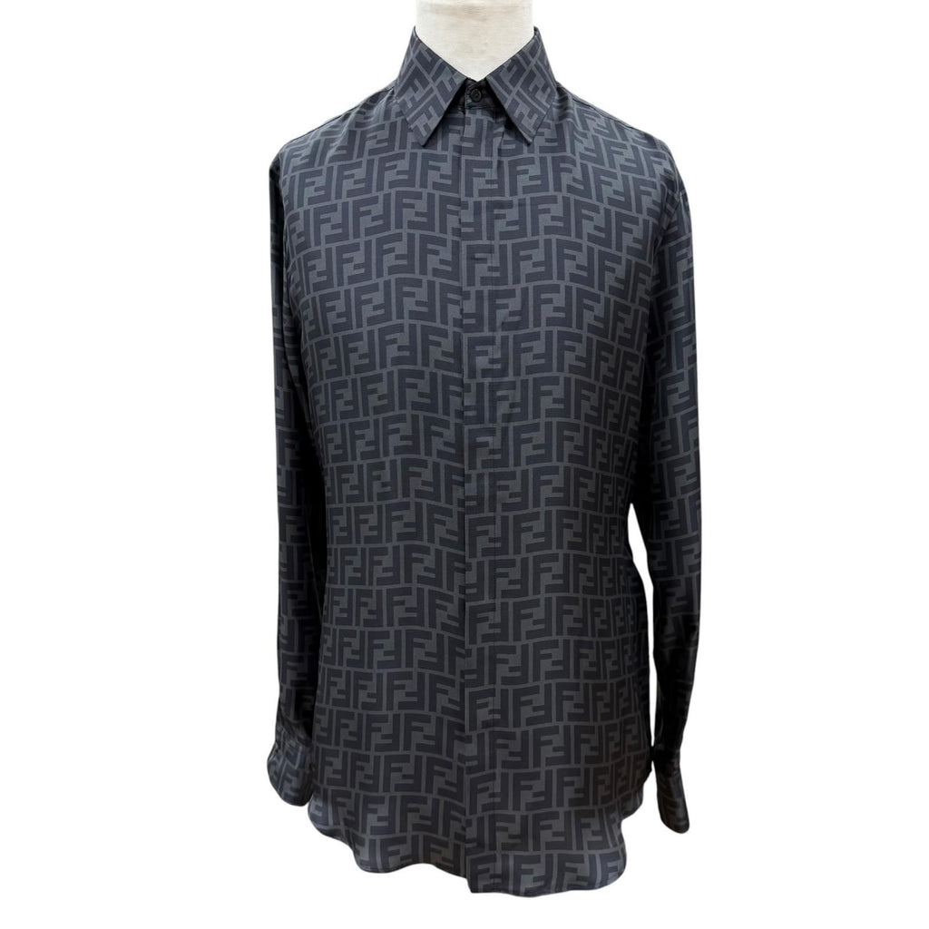 Fendi Silk 100% FF Logo Tailored Long Sleeve Shirt Gray Black 40