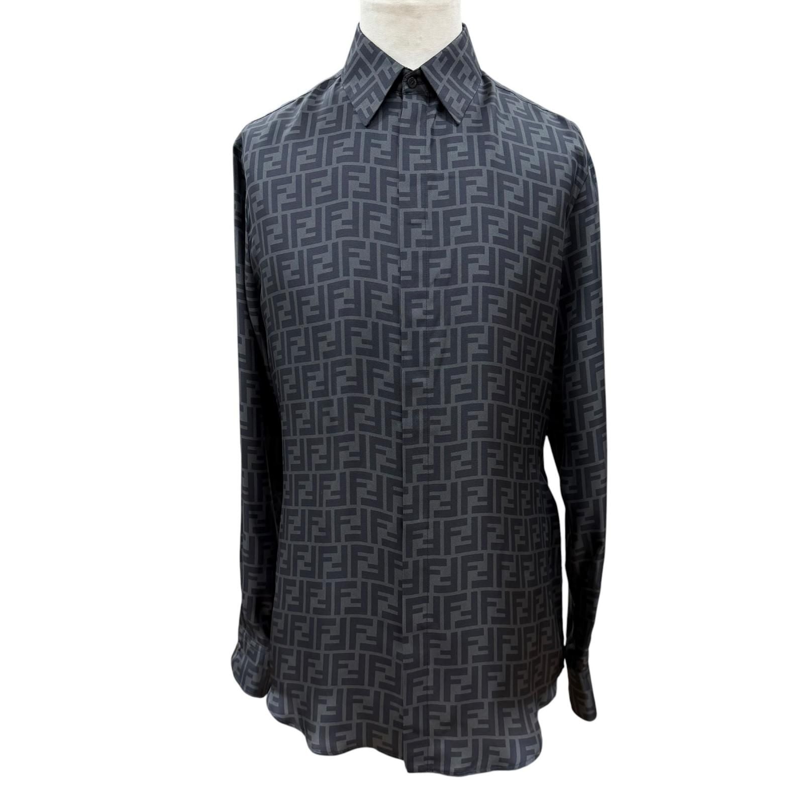 Fendi Silk 100% FF Logo Tailored Long Sleeve Shirt Gray Black 40
