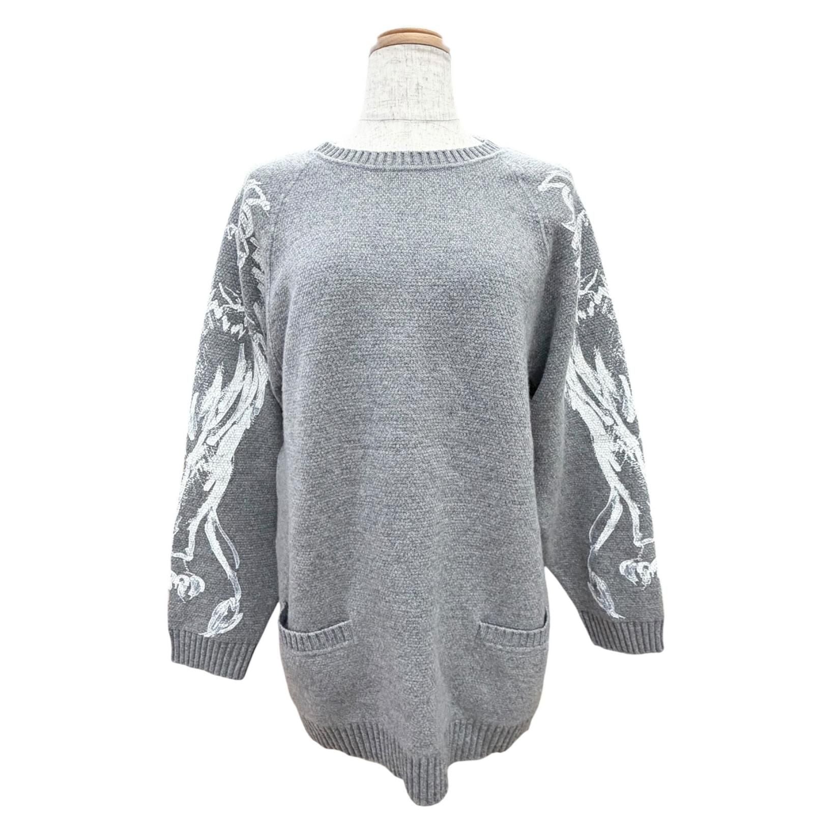 Chanel Cashmere Lion Crew Neck Long Sleeve Knit Sweater Gray 38