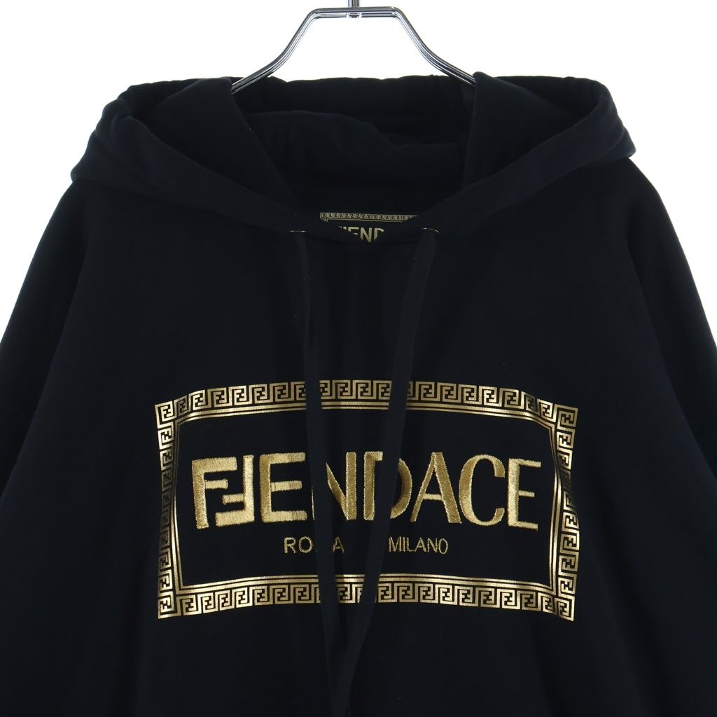 Fendi Front Fendace Logo Print Pullover Sweatshirt Hoodie Black Gold — view 3