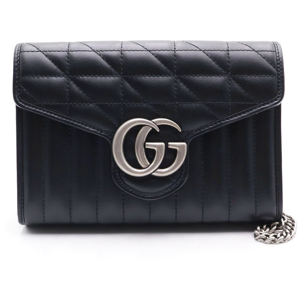 Gucci GG Marmont Chain Shoulder Bag 2-Way Clutch Black Leather Silver