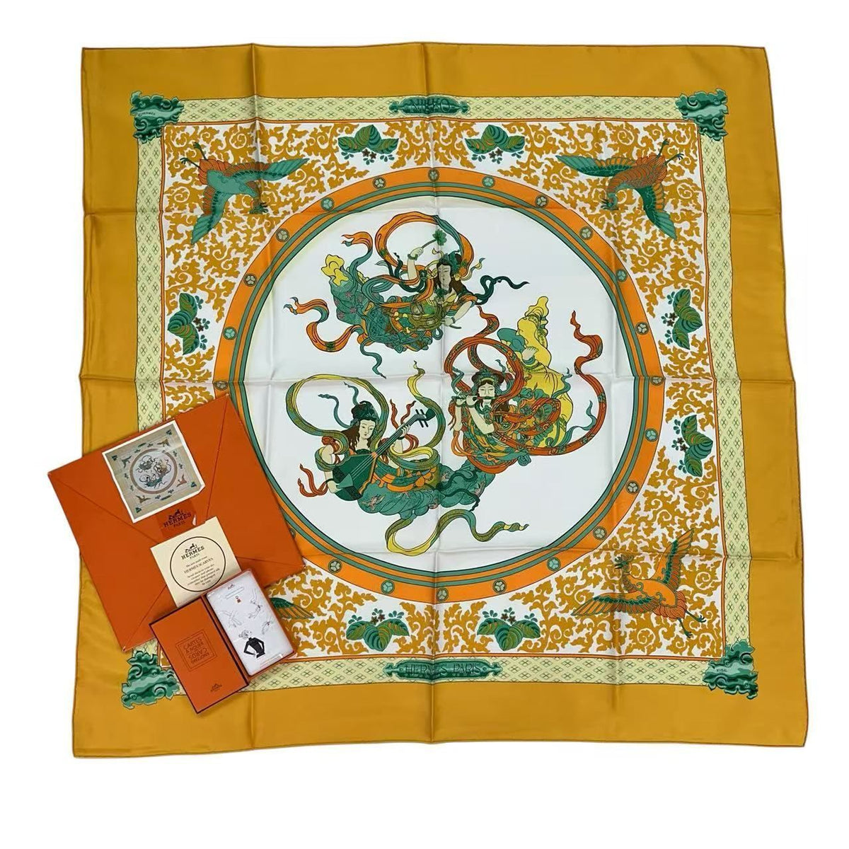 Hermes Carre 90 Nikko Toshogu Silk Scarf Yellow