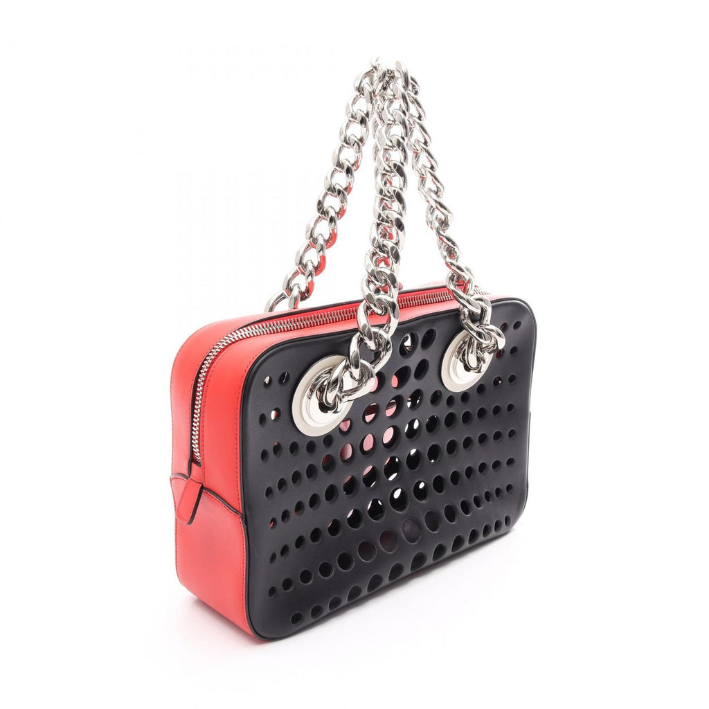 Prada Tote Bag City Fori Perforated Black Red Leather Foley Chain — view 2