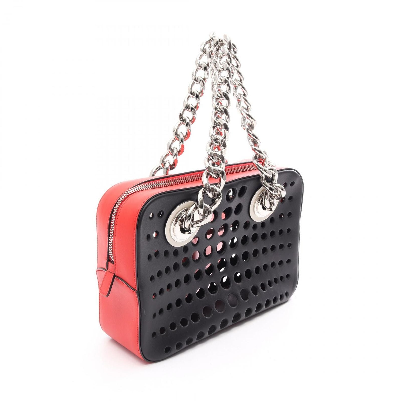 Prada Tote Bag City Fori Perforated Black Red Leather Foley Chain — view 2
