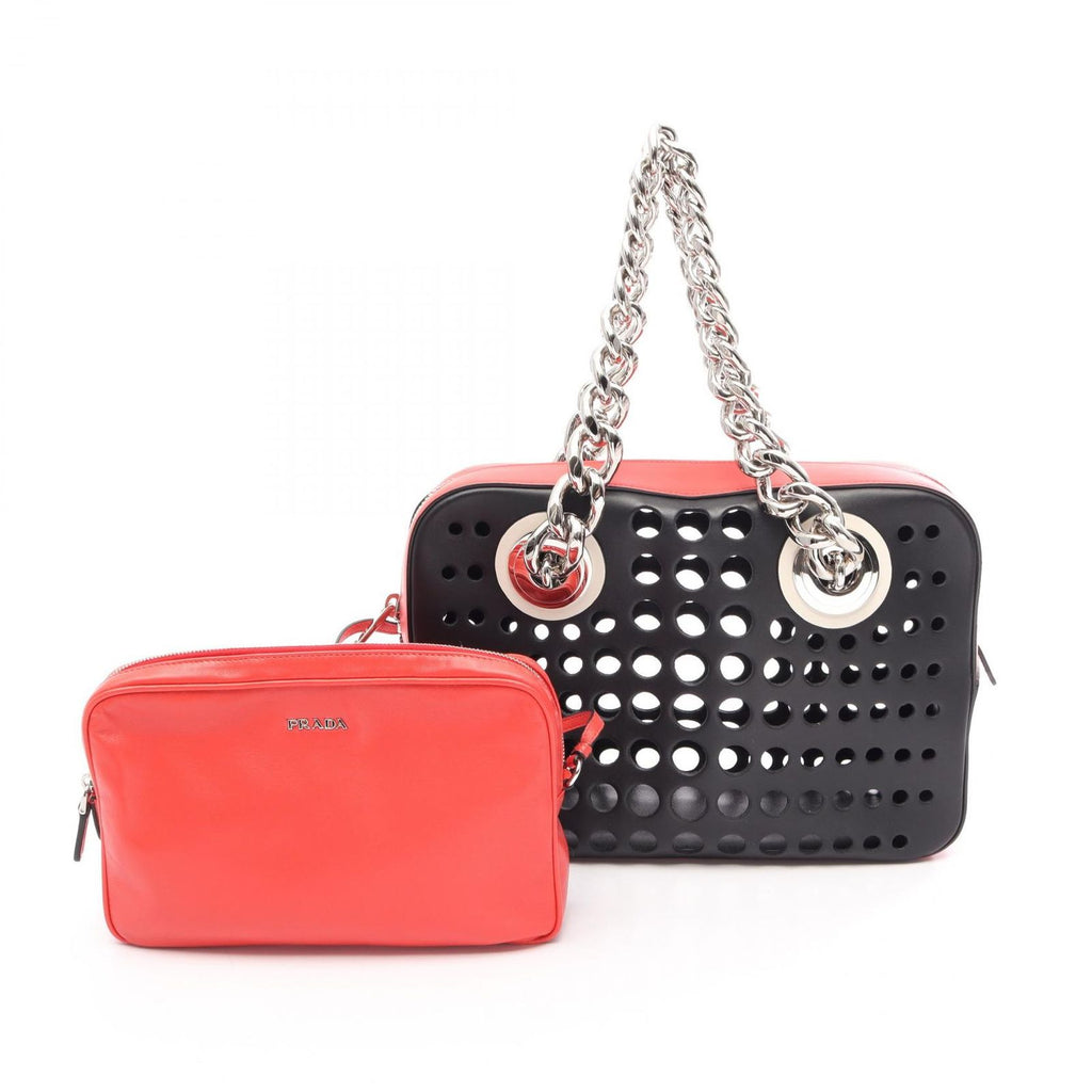 Prada Tote Bag City Fori Perforated Black Red Leather Foley Chain