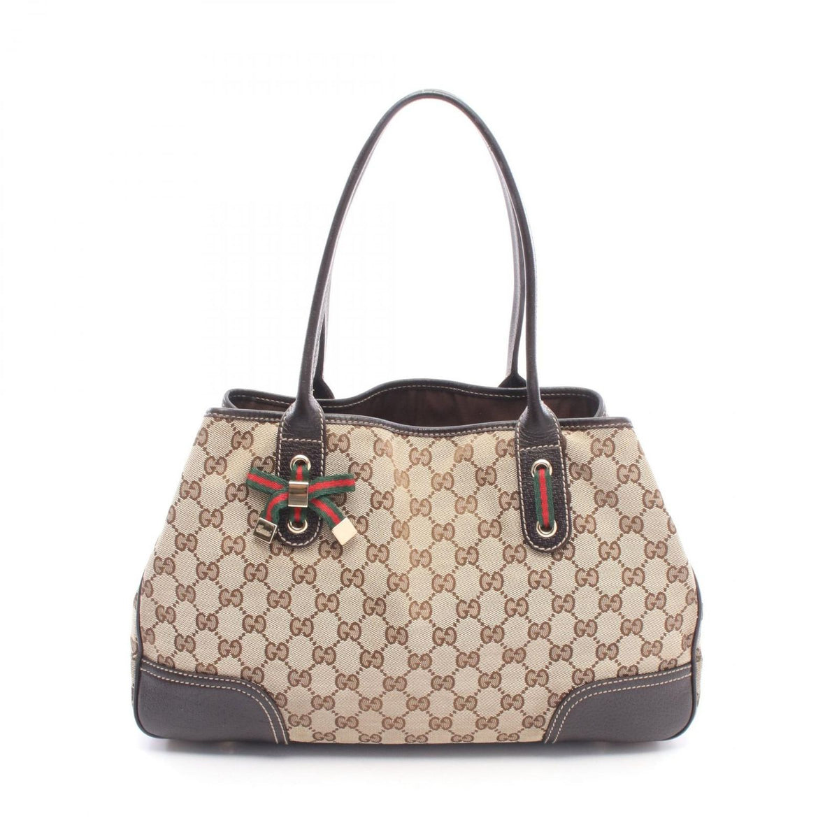 Gucci Tote Bag Prince Sherry Line Beige Dark Brown Canvas Leather Ribbon