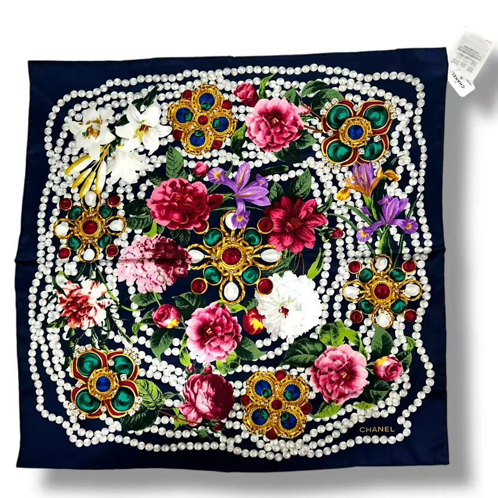 Chanel Scarf Cruise Silk Flower & Pearl Logo Black