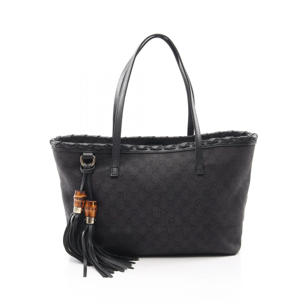 Gucci Tote Bag Bamboo GG Pattern Black Denim Leather Tassel