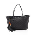 Gucci Tote Bag Bamboo GG Pattern Black Denim Leather Tassel