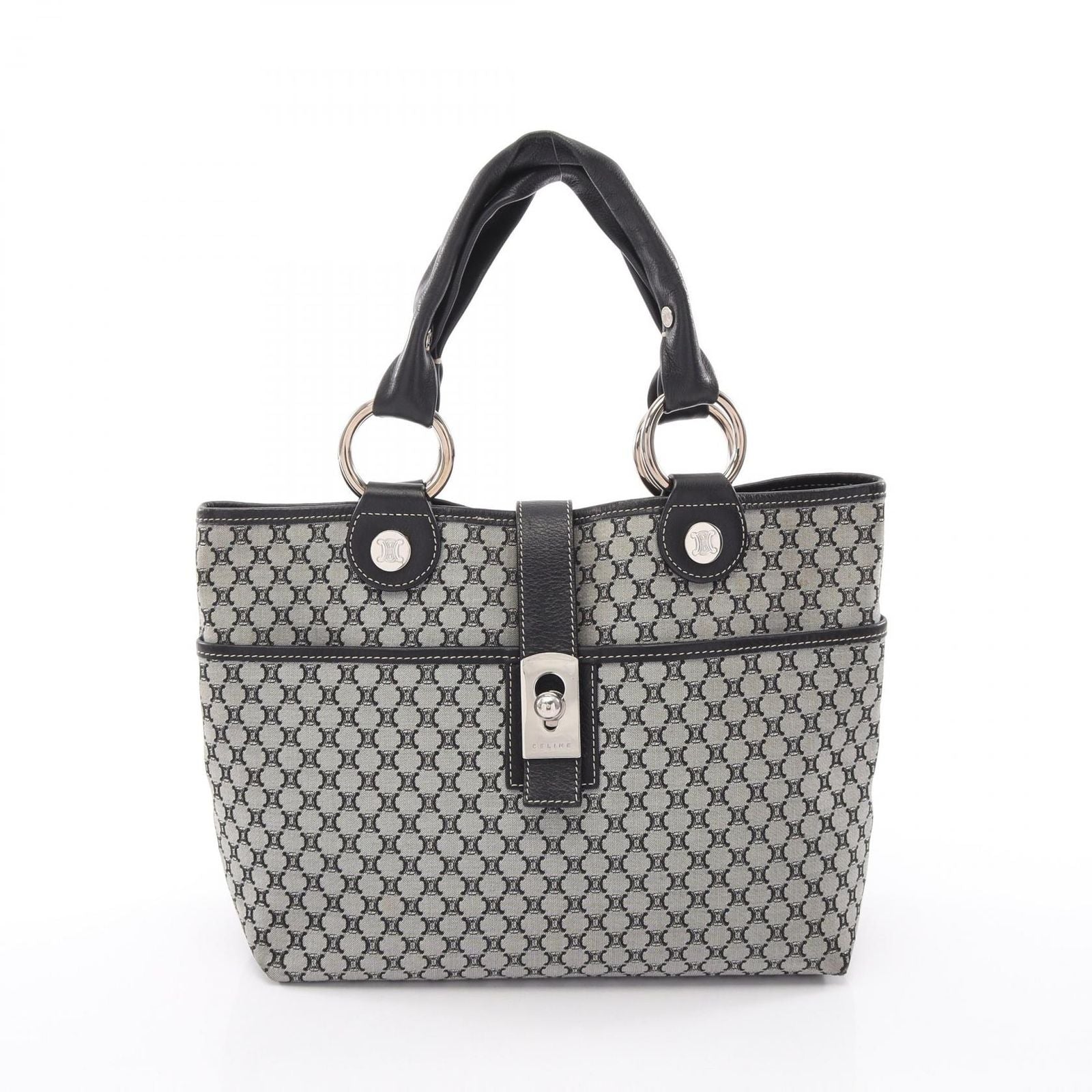 Celine Tote Bag Macadam Gray Black Canvas Leather Paris