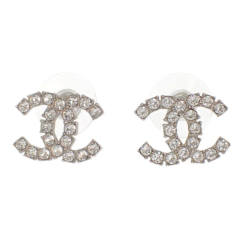 Chanel CC Logo Earrings Metal Crystal Silver Both Ears