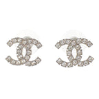 Chanel CC Logo Earrings Metal Crystal Silver Both Ears