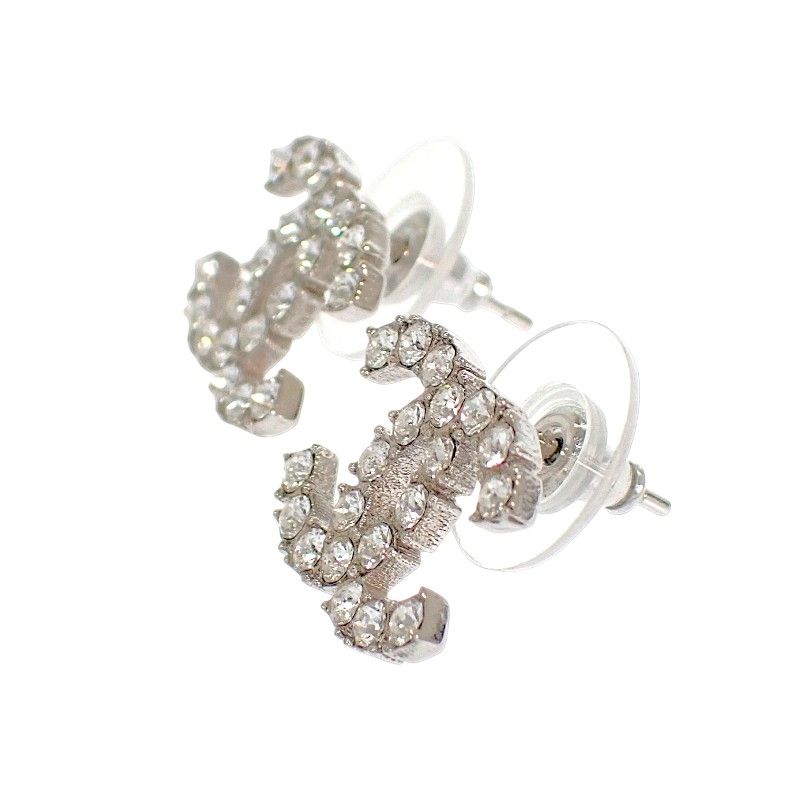 Chanel CC Logo Earrings Metal Crystal Silver Both Ears — view 3