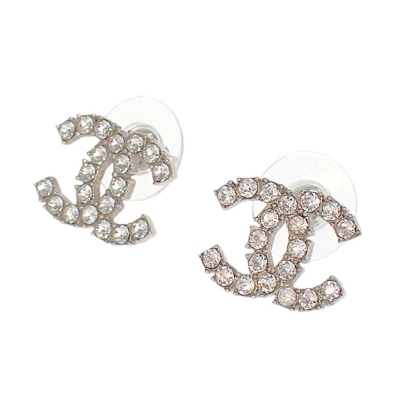Chanel CC Logo Earrings Metal Crystal Silver Both Ears — view 2