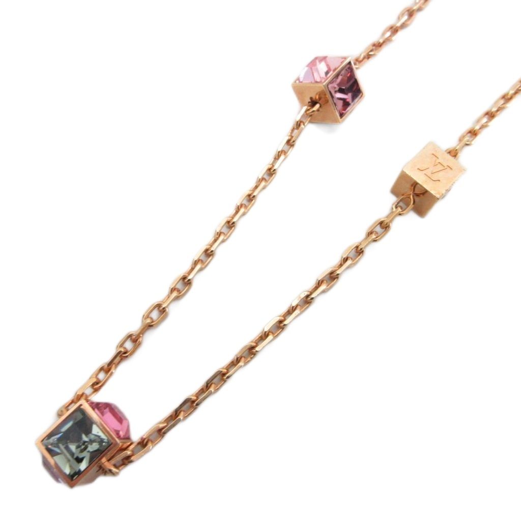 Louis Vuitton Collier Gamble Necklace LV Logo Cube Rhinestone Gold