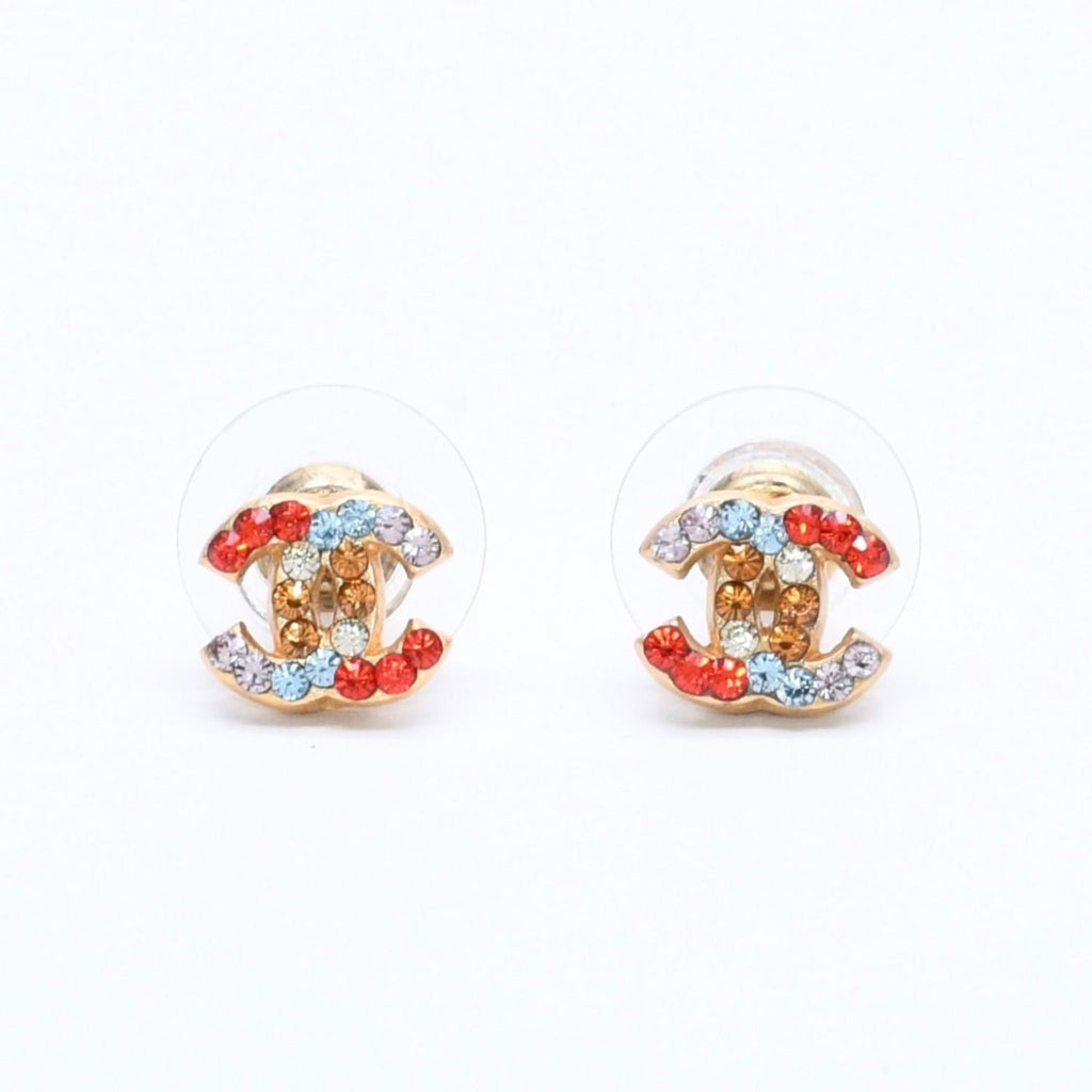Chanel Earrings CC Logo Rhinestone Gold Multicolor 03