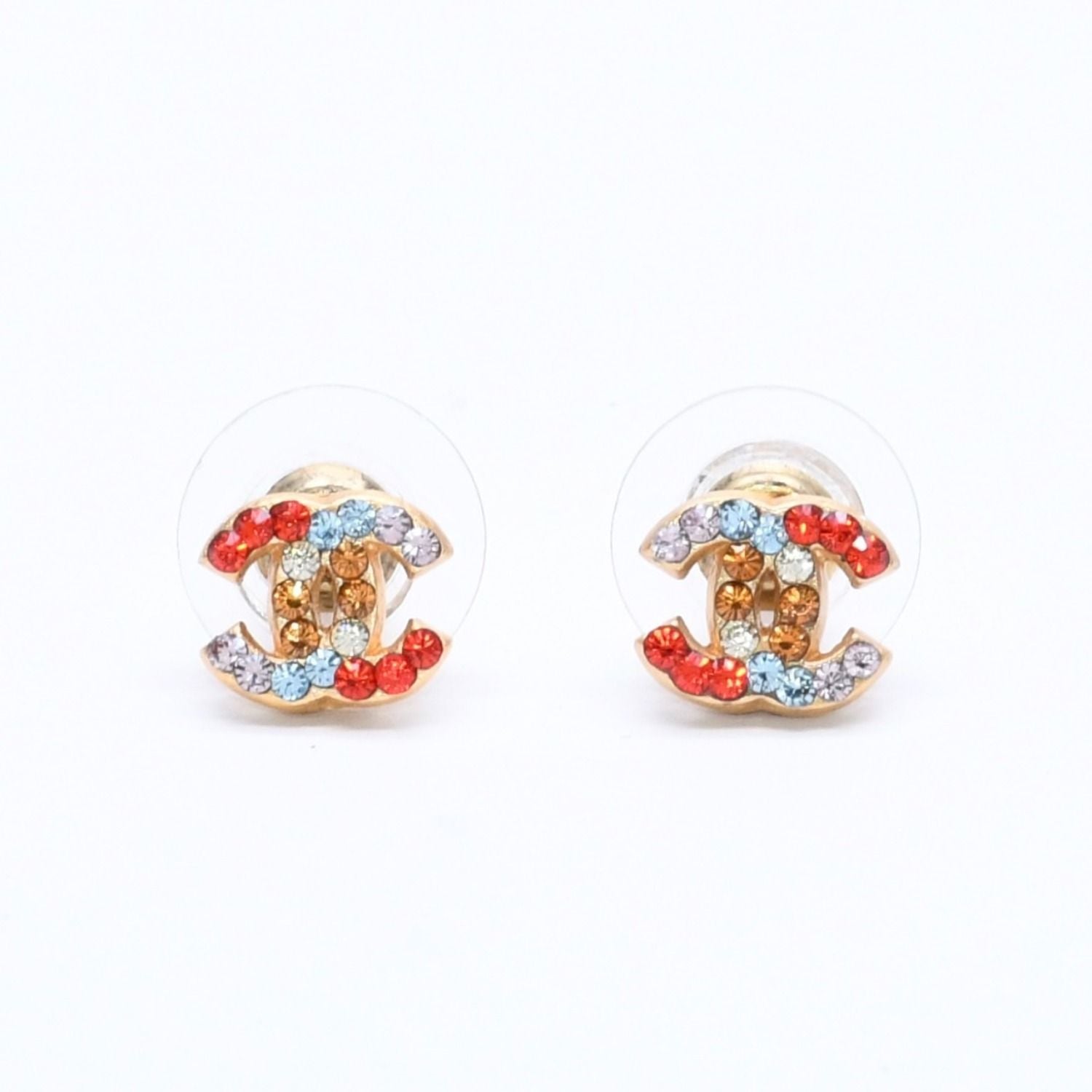 Chanel Earrings CC Logo Rhinestone Gold Multicolor 03
