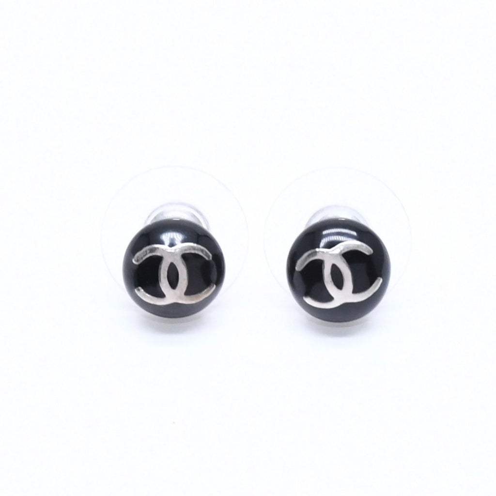 Chanel Button Earrings CC Logo Black Silver 03
