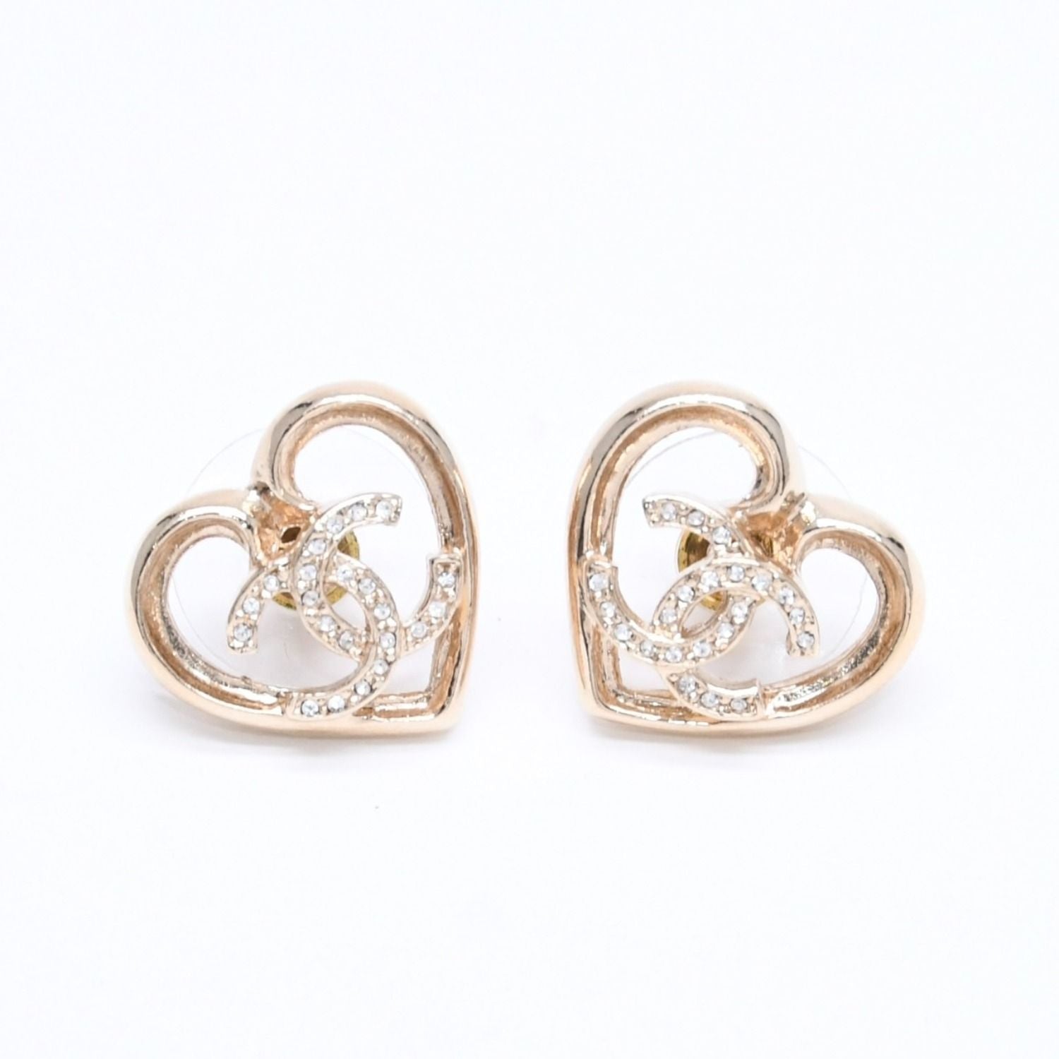 Chanel Earrings Heart CC Logo 23 Rhinestone Gold — view 2