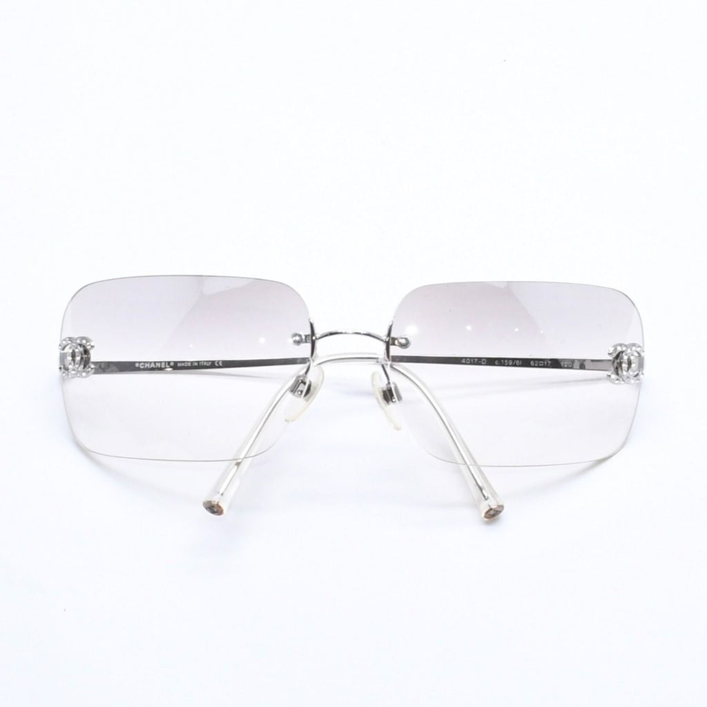 Chanel Rimless Sunglasses CC Logo Rhinestone Gray Gradation Lens Silver Eyewear — view 2