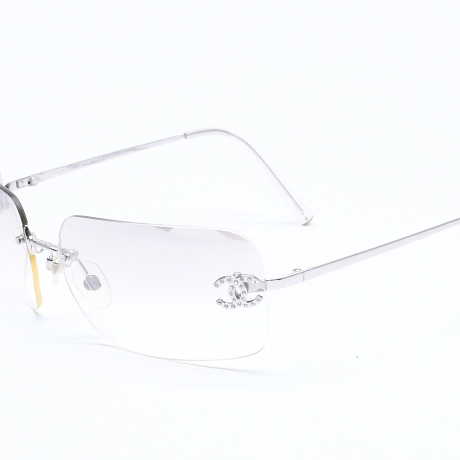 Chanel Rimless Sunglasses CC Logo Rhinestone Gray Gradation Lens Silver Eyewear — view 3