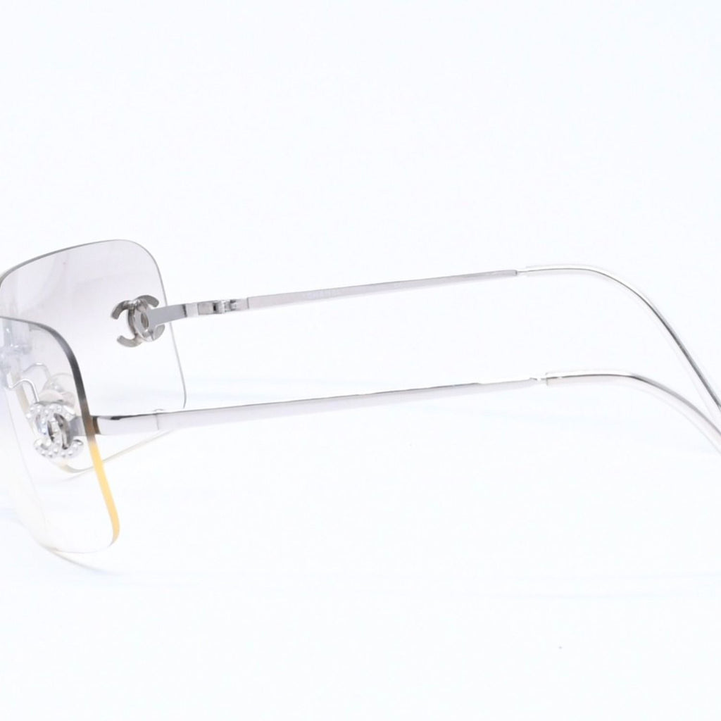 Chanel Rimless Sunglasses CC Logo Rhinestone Gray Gradation Lens Silver Eyewear — view 6