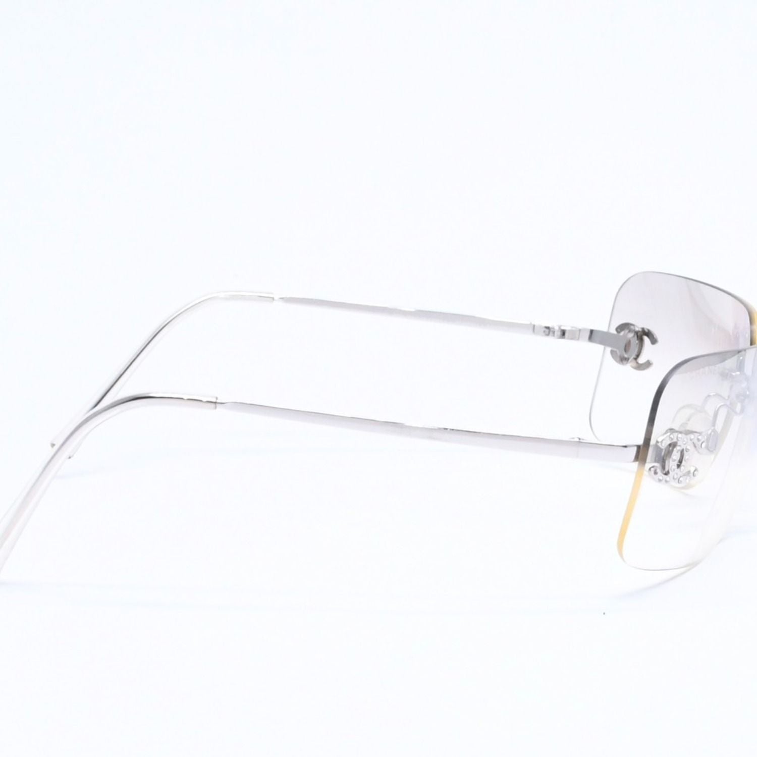 Chanel Rimless Sunglasses CC Logo Rhinestone Gray Gradation Lens Silver Eyewear — view 5