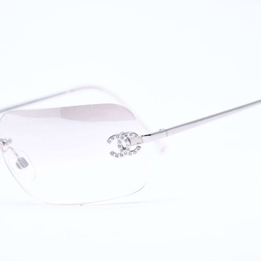 Chanel Rimless Sunglasses CC Logo Rhinestone Gray Gradation Lens Silver Eyewear — view 7