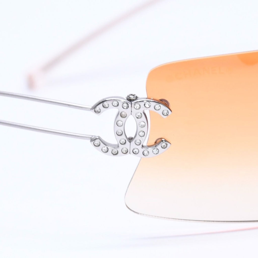 Chanel Rimless Sunglasses Orange Gradient Lens Rhinestone CC Logo Silver Eyewear — view 8