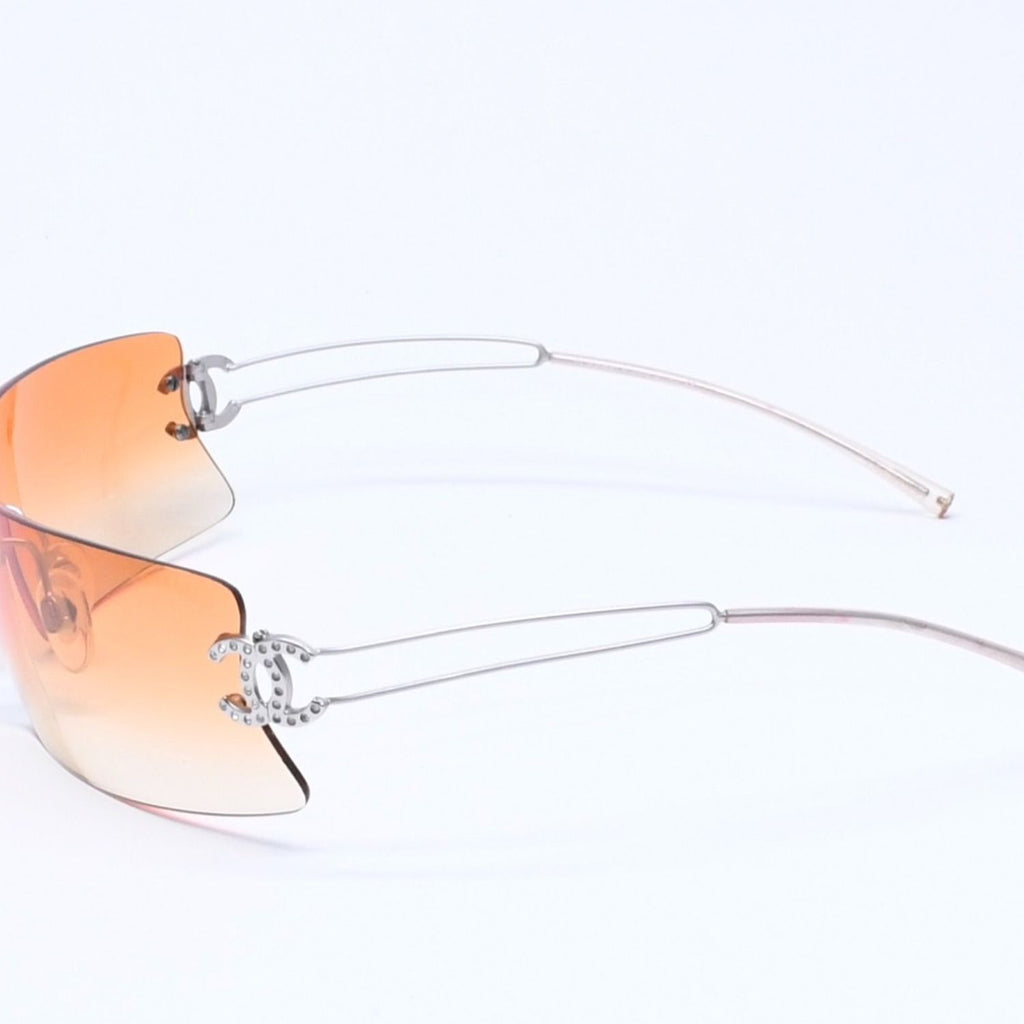Chanel Rimless Sunglasses Orange Gradient Lens Rhinestone CC Logo Silver Eyewear — view 6
